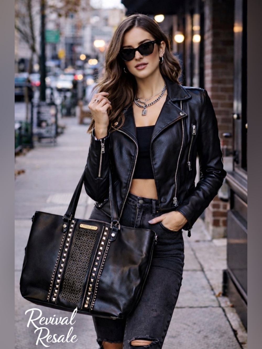Nicole Lee Edgy Chic Studded Tote Bag Black  Oversized Everyday Carryall